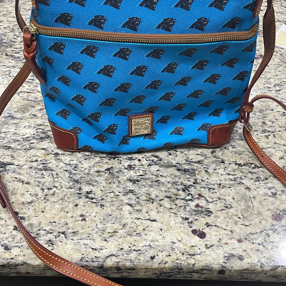 Dooney & Bourke Blue Panther Print Crossbody with Brown Trim